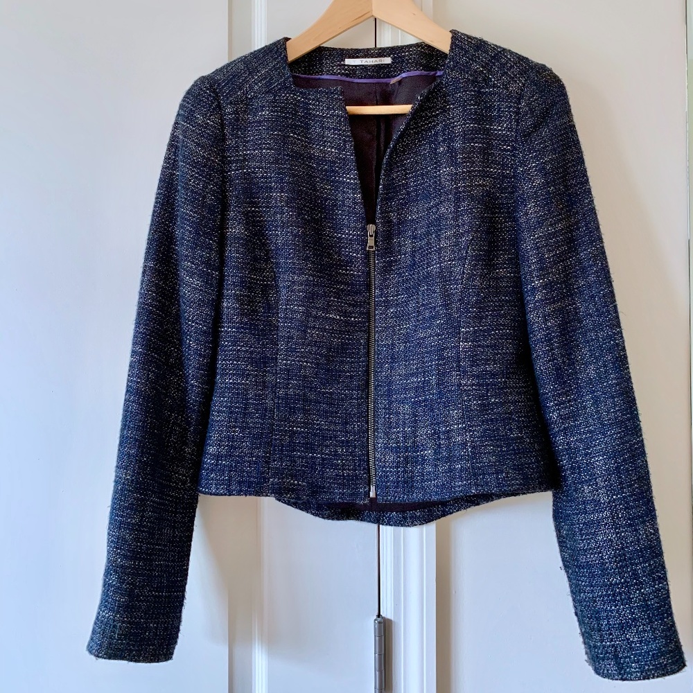 T Tahari Navy Tweed Zip Up Jacket